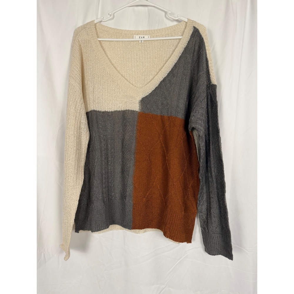 E&M Women Colorblock V-Neck Cable Knit Sweater Cream Grey Rust CR1388 Medium